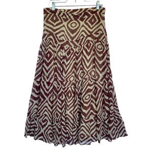 Soft Surroundings Grown Cream Maxi Geometric Print Tiered Skirt Small Festival